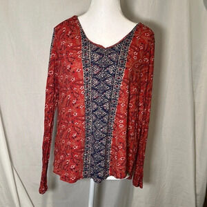 red blue tan floral print Lucky Brand long sleeve top size large